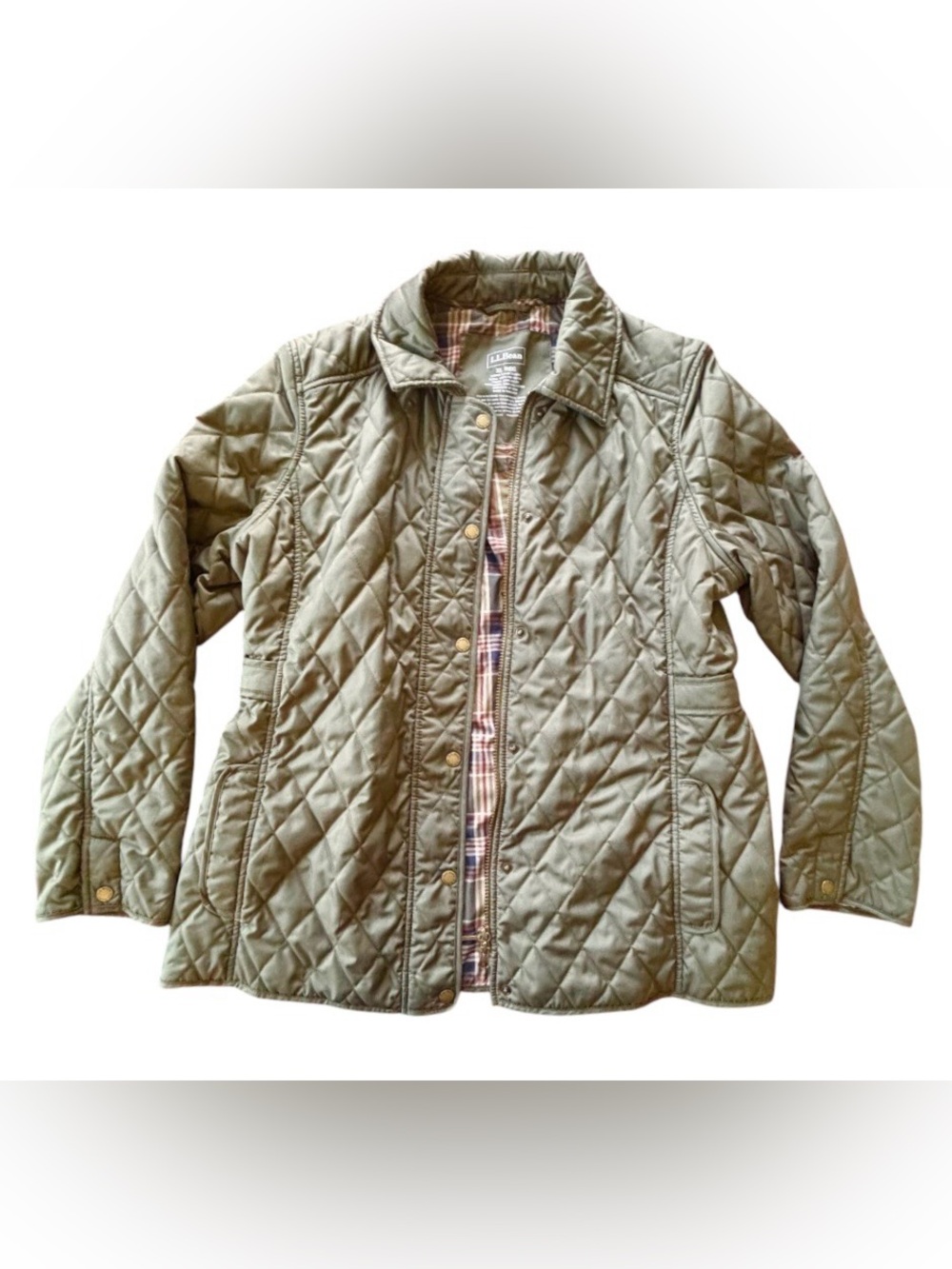 L.L. Bean Women’s Quilted Barn Jacket with Plaid Lining Olive Green Size XL